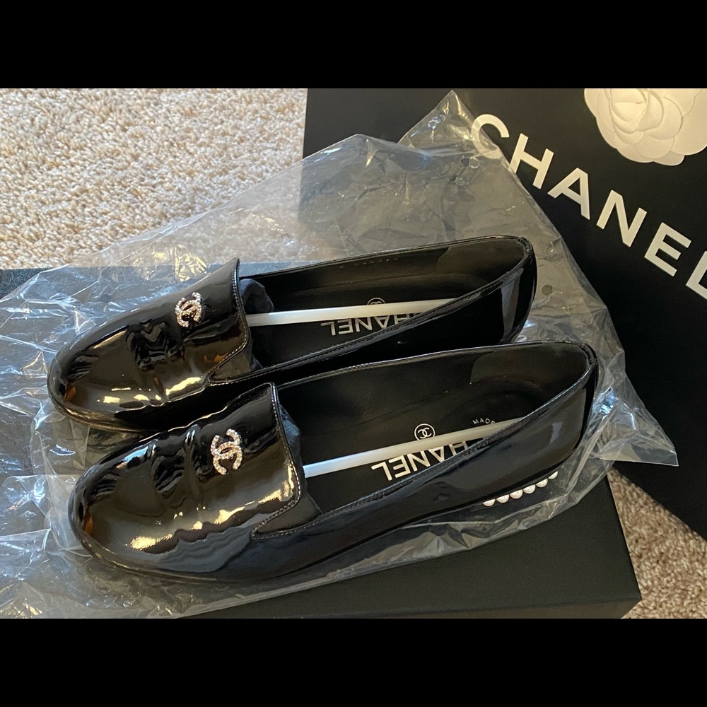 Chanel Patent Pearl Loafers Size 35.5